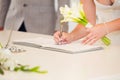 Bride hand with a pen signing wedding license. Marriage contract Royalty Free Stock Photo