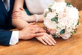 Bride hands with ring and wedding bouquet of flowers