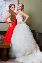 The bride and her bridesmaid with a glass of wine Royalty Free Stock Photo