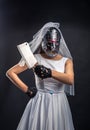 Bride in hockey mask with meat cleaver