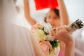 Bride hold wedding bouquet of rose peonies and roses Royalty Free Stock Photo