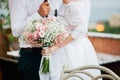 Bride hold wedding bouquet of rose peonies and roses Royalty Free Stock Photo