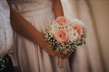 Bride holding a beautiful bouquet with light pink roses and white African daisies Royalty Free Stock Photo