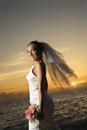 Bride holding bouquet on beach Royalty Free Stock Photo