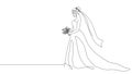 Bride holding a bouquet continuous line drawing.One line bride silhouette side view wearing a wedding dress.Continuous line hand Royalty Free Stock Photo