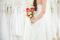 Bride holding a bouquet on hand for wedding,Beautiful asian woman,Romantic and sweet moment