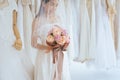 Bride holding a bouquet on hand for wedding,Beautiful asian women smiling and happy,Romantic and sweet moment