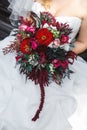 bride holding a bouquet of red flowers of zinnias Royalty Free Stock Photo