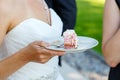 Bride holding delicious wedding cake Royalty Free Stock Photo