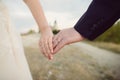 Bride Holding Groom`s Hand Royalty Free Stock Photo