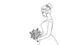 Bride holding a wedding bouquet side view in continuous line art. One line art for wedding invitation, bridal shower, engagement, Royalty Free Stock Photo