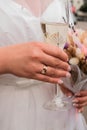 Bride holding wedding glasses with champagne. Celebrating just married. Lovely coule Royalty Free Stock Photo