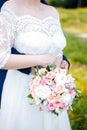 The bride holds a bouquet in her lowered hand, the groom hugs her waist from behind