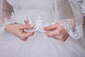 The bride holds a veil in her hands. A bride in a wedding dress. Royalty Free Stock Photo