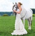 Bride, horse and field with nature, event and animal for marriage, celebration and happiness. Woman, uk countryside and Royalty Free Stock Photo