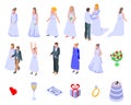 Bride icons set, isometric style