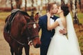 Bride kisses a groom standing behind a horse