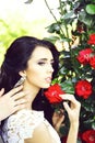 Bride with long brunette hair with flower. Royalty Free Stock Photo