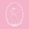 The bride in a long dress and veil with the groom. Vector isolated illustration in oval frame