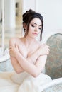 Bride in luxury interior in palace. Wedding, attractive brunette Royalty Free Stock Photo