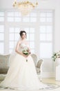 Bride in luxury interior in palace. Wedding, attractive brunette Royalty Free Stock Photo