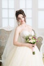 Bride in luxury interior in palace. Wedding, attractive brunette Royalty Free Stock Photo