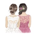 Bride and Maid of Honour with roses in hair. Hand drawn Illustration Royalty Free Stock Photo