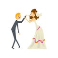 Bride manipulating her groom, couple of newlyweds cartoon vector Illustration on a white background