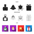 Bride, photographing, gift, wedding car. Wedding set collection icons in black, flat, monochrome style vector symbol Royalty Free Stock Photo