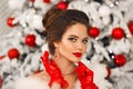 Bride portrait of Elegant woman with ruby jewelry set and red gloves. Beautiful brunette lady with wedding hairstyle, beauty Royalty Free Stock Photo