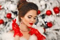Bride portrait of Elegant woman with ruby jewelry set and red gloves. Beautiful brunette lady with wedding hairstyle, beauty Royalty Free Stock Photo