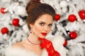 Bride portrait of Elegant woman with ruby jewelry set and red gloves. Beautiful brunette lady with wedding hairstyle, beauty Royalty Free Stock Photo