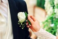 Bride puts a boutonniere on the groom`s jacket. Bride`s hand, wedding manicure, white rose. Wedding day concept Royalty Free Stock Photo