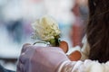 Bride puts groom on boutonniere from pink and whote rose on wedding day Royalty Free Stock Photo