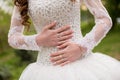 Demonstrates rings on hands . The bride puts her hand on her belly