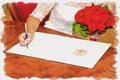 Bride puts his signature to the document Certificate of Marriage. Imitation of a picture. Oil paint. Illustration Royalty Free Stock Photo