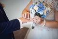 Bride puts ring on groom