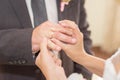 The bride puts the ring on the groom`s finger