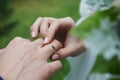 bride puts the ring on the groom's finger. wedding ceremony. close-up  macro Royalty Free Stock Photo