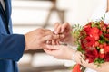 The bride puts a wedding ring on the finger of the groom. Wedding details Royalty Free Stock Photo