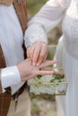 The bride puts the wedding ring on the groom`s finger Royalty Free Stock Photo
