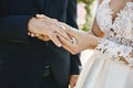 The bride putting on a gold wedding ring on the finger of the groom. Closeup photo of beautiful female and male hands at