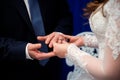 Bride is putting golden ring on groom& x27;s finger during wedding ceremony. Hands of a loving couple with wedding rings Royalty Free Stock Photo