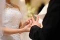 Bride putting a ring on groom's finger