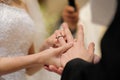 Bride putting a ring on groom's finger