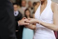 Bride putting a ring on a groom's finger