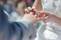 Bride putting a ring on groom's finger