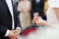 Bride putting a ring on groom's finger