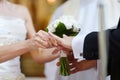 Bride putting a ring on groom's finger