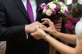 Bride putting a ring on groom's finger